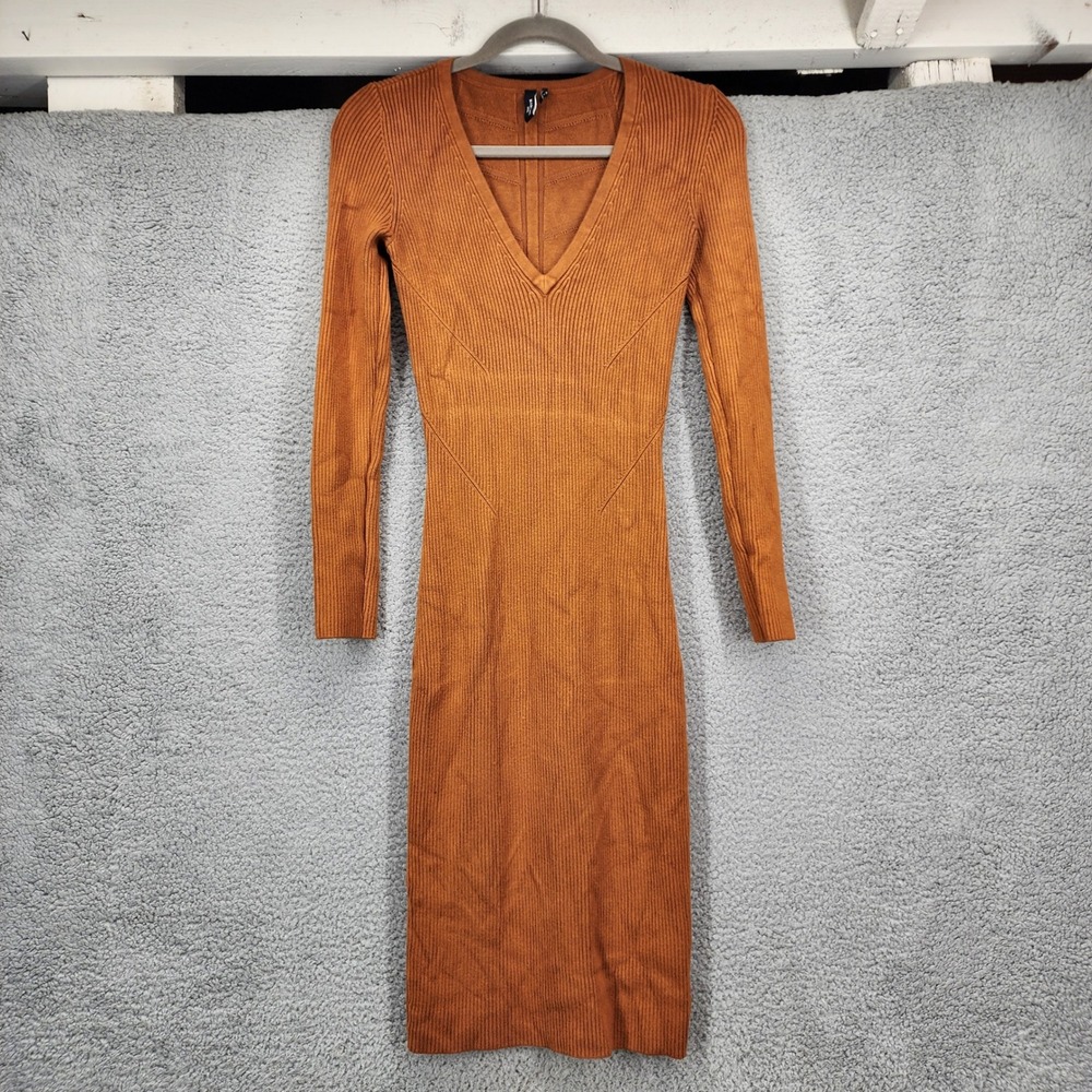 V-Neck Ribbed Midi Dress in Rust